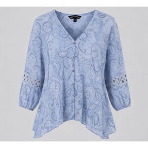Unique Spectrum Blue Paisley Sheer Blouse Women’s XL Boho Crochet Sleeve
